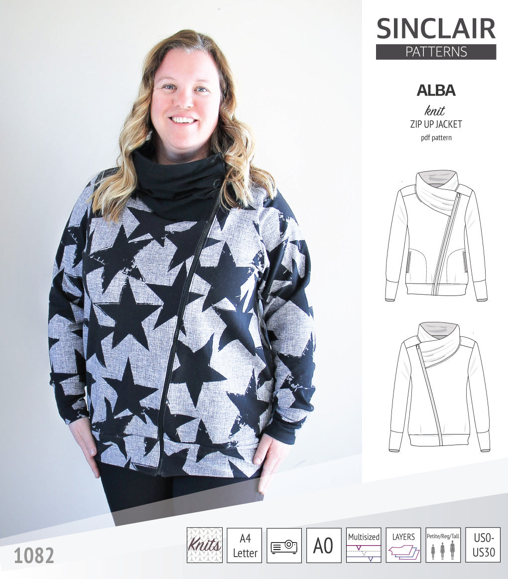 Alba zip up knit asymmetrical jacket with a cowl and side pockets (PDF)