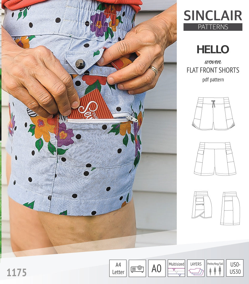 Hello flat front elastic back woven shorts with side panels (PDF)