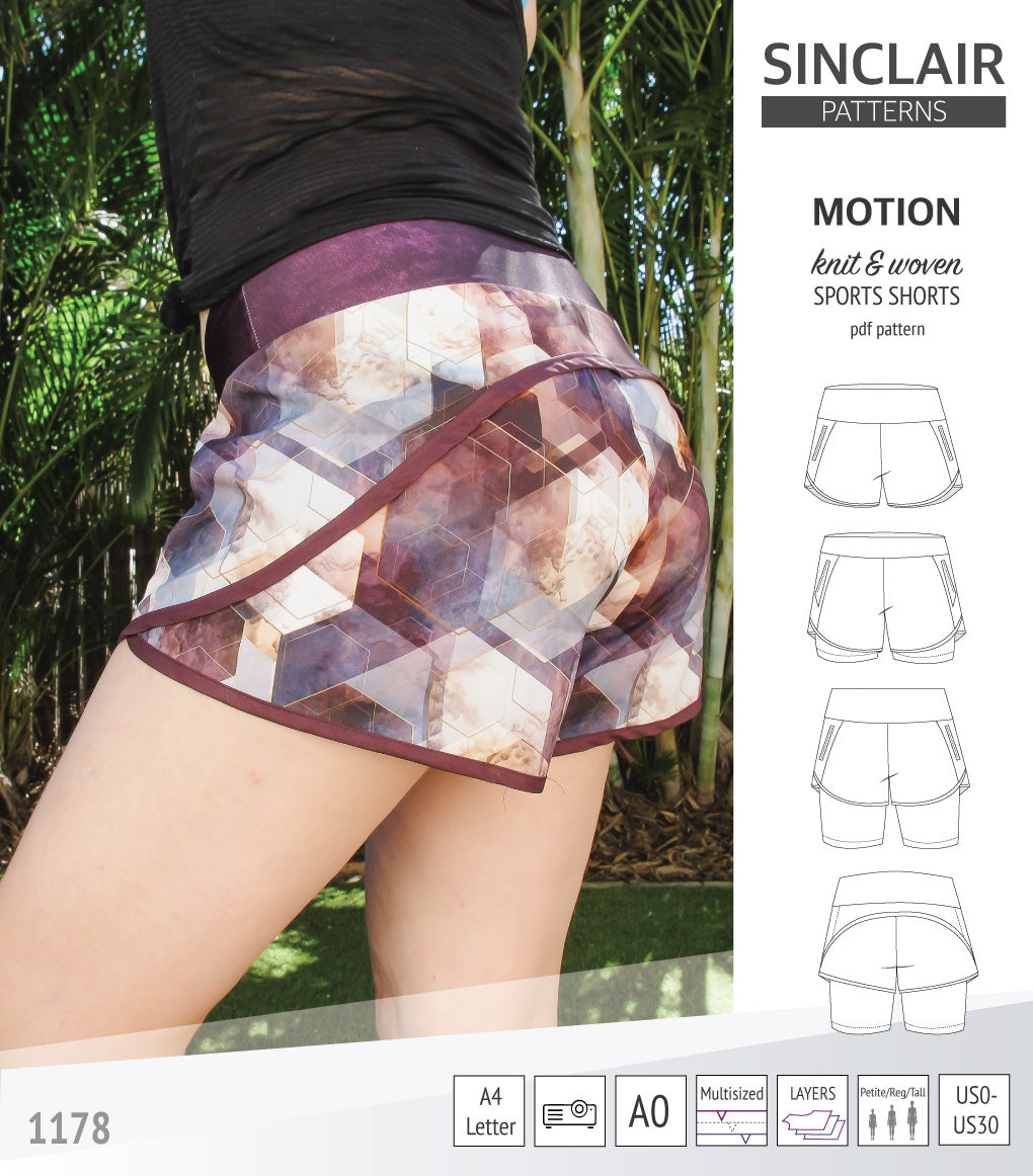 Motion woven sports shorts with contoured yoga waistband and underlay shorties (PDF)