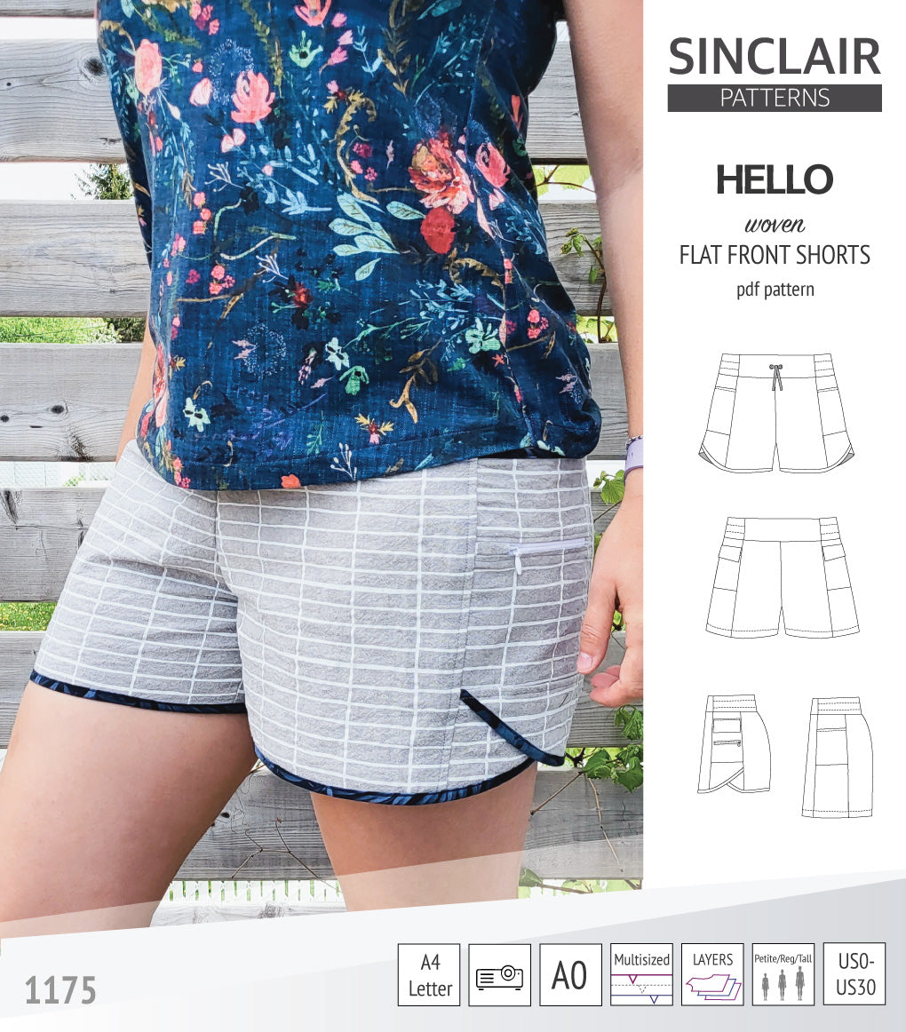 Hello flat front elastic back woven shorts with side panels (PDF)