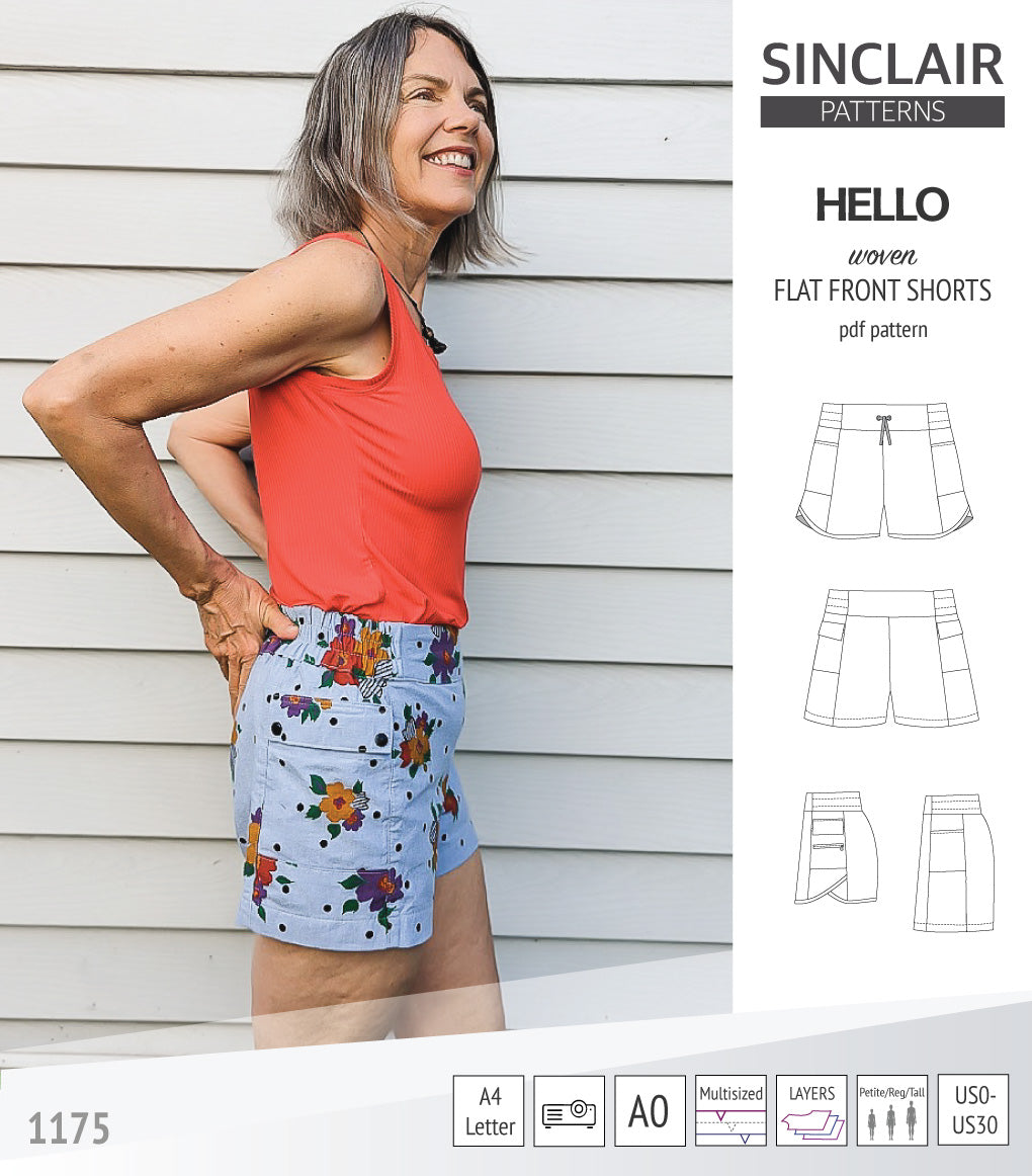 Hello flat front elastic back woven shorts with side panels (PDF)