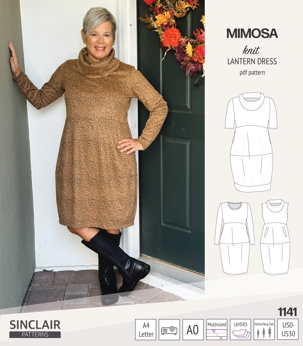 Mimosa lantern style knit dress with a cowl and pockets (PDF)