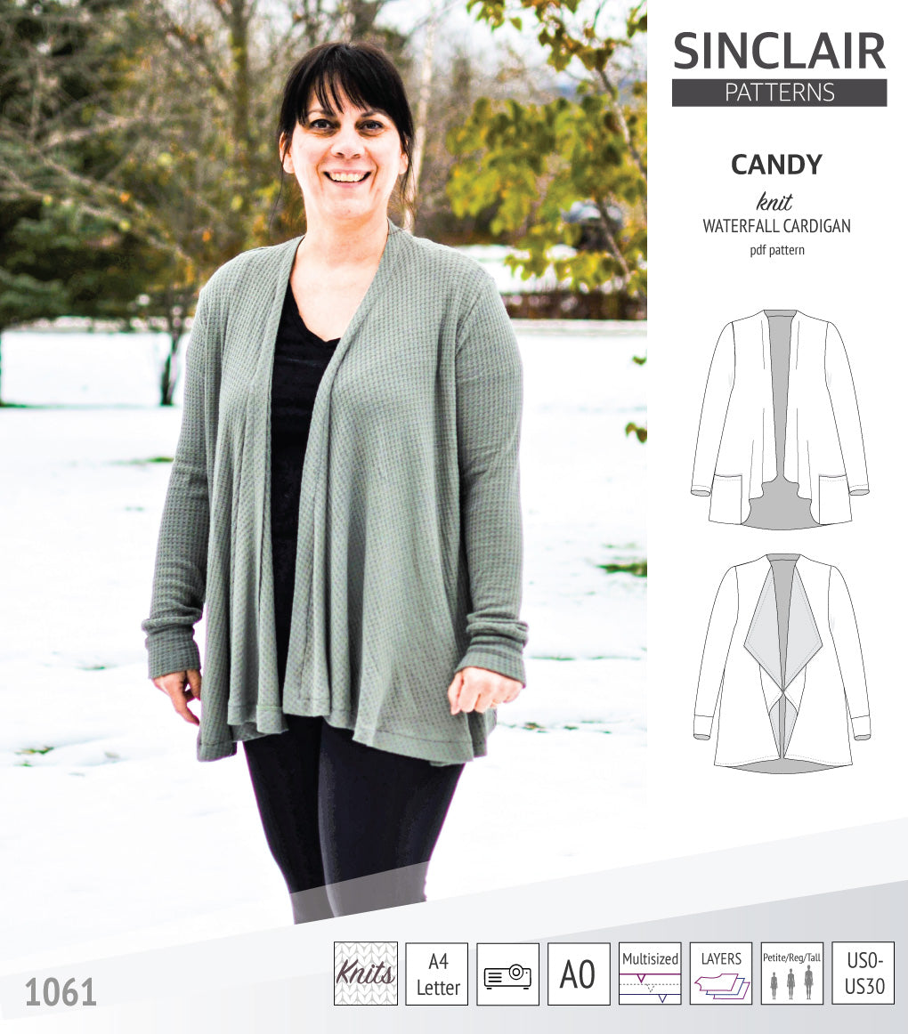 Candy relaxed fit knit cardigan with pockets and waterfall neckline (PDF)