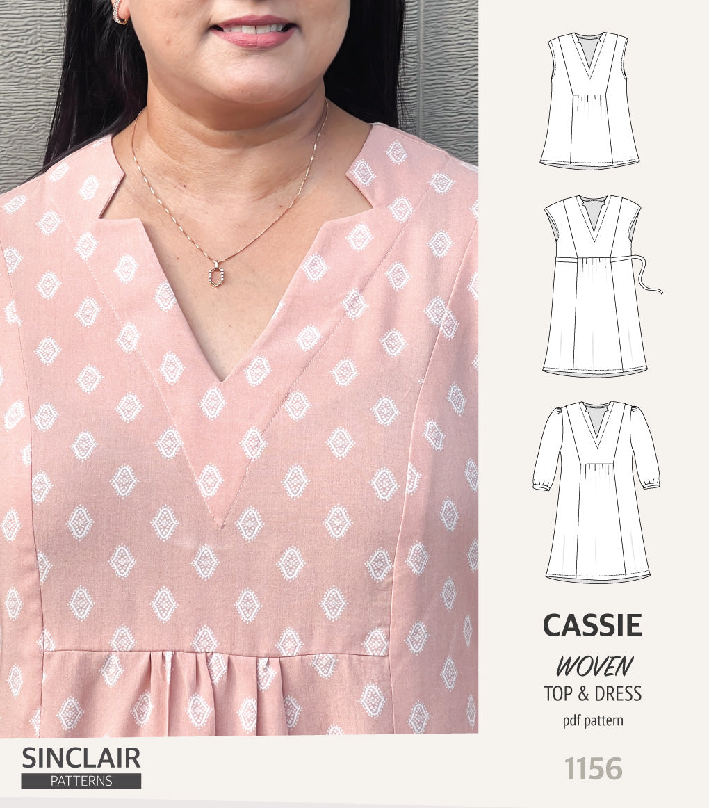 Cassie V neckline top and dress for woven fabrics (PDF)