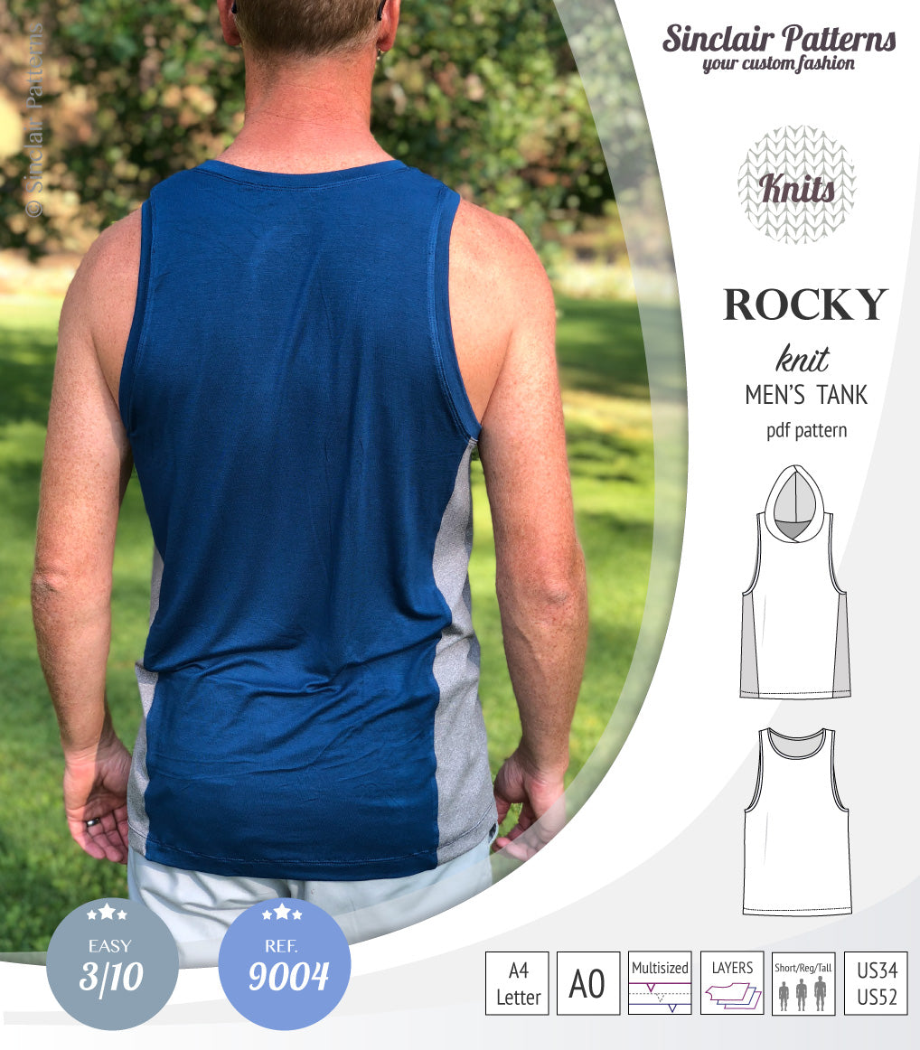 Rocky semi fitted knit tank with optional panels and a hood for men (PDF)
