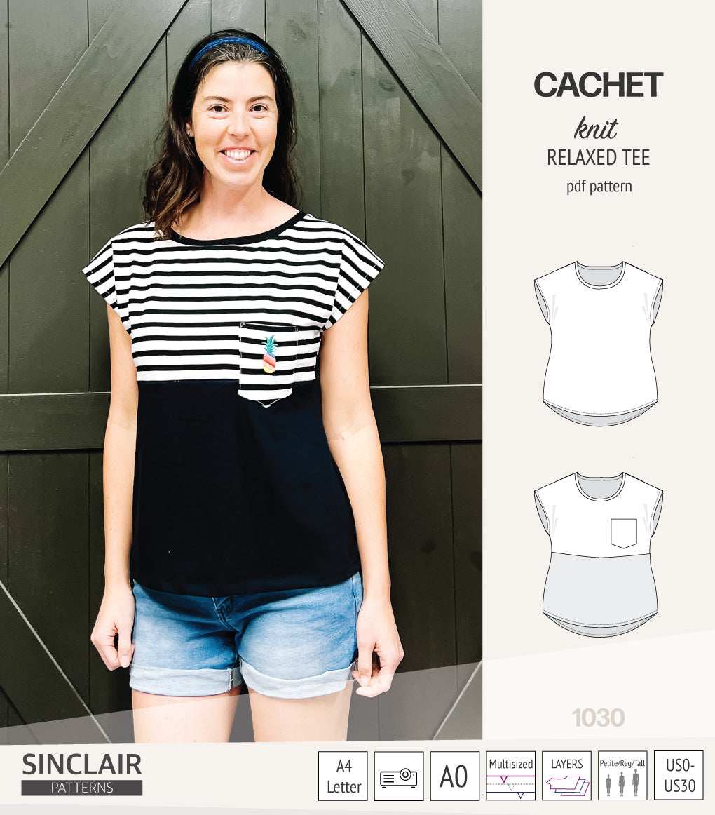 Cachet relaxed cut knit tee color blocked with a pocket  (PDF)