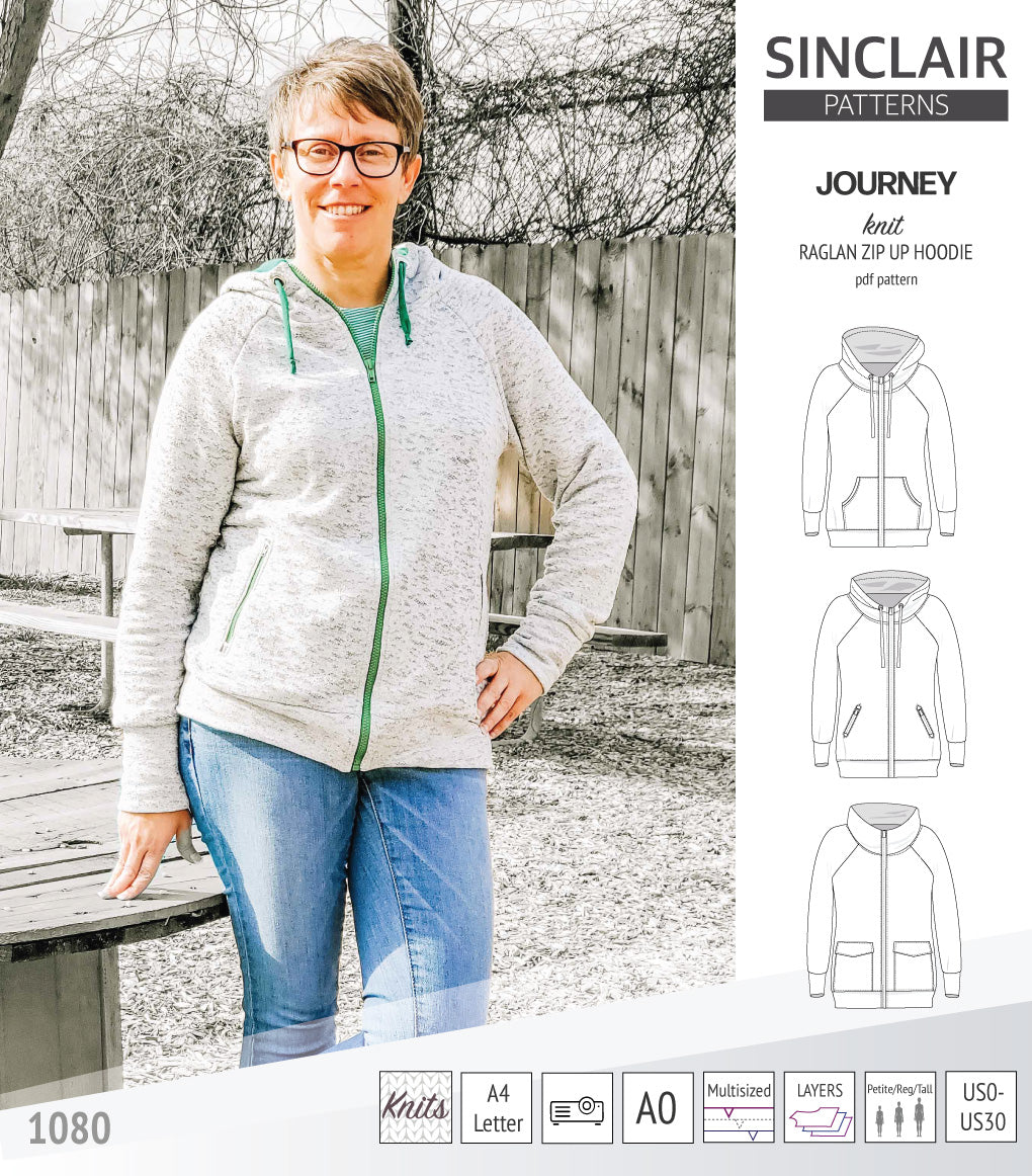 Journey zip up knit raglan hoodie with different pocket styles (PDF)