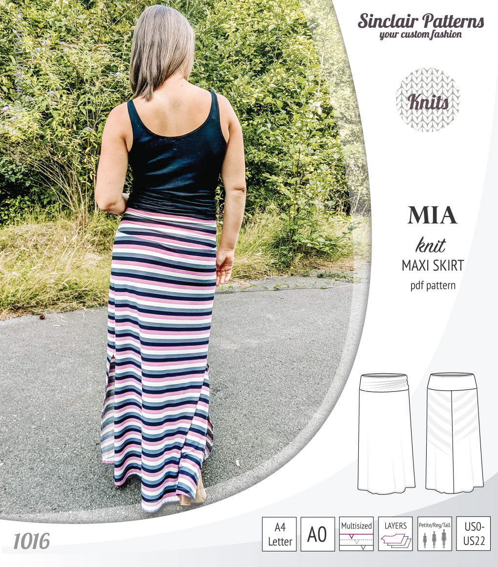 Mia knit maxi skirt with side slits and yoga style waistband (PDF)