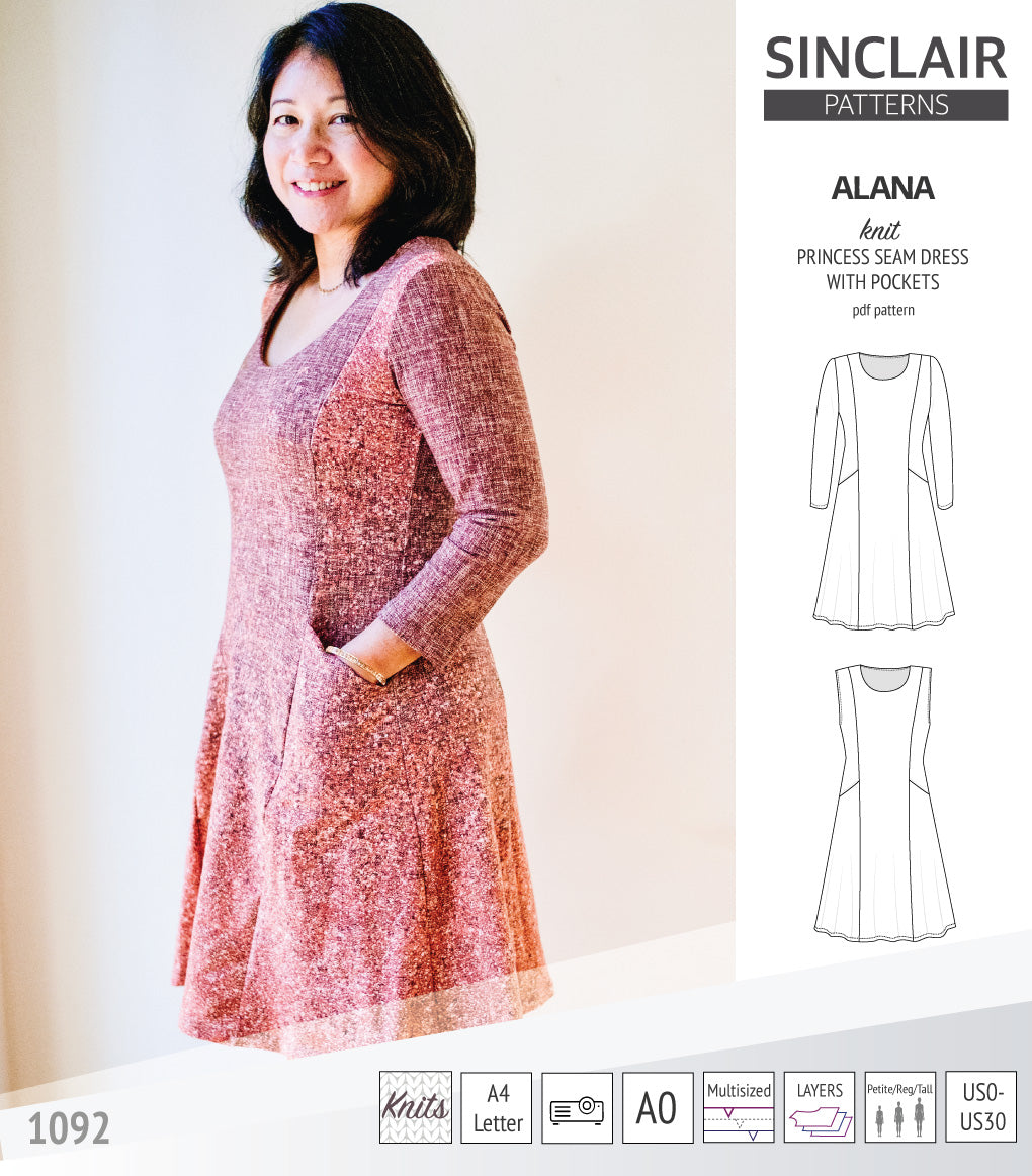 Alana princess seam knit dress with pockets (PDF)