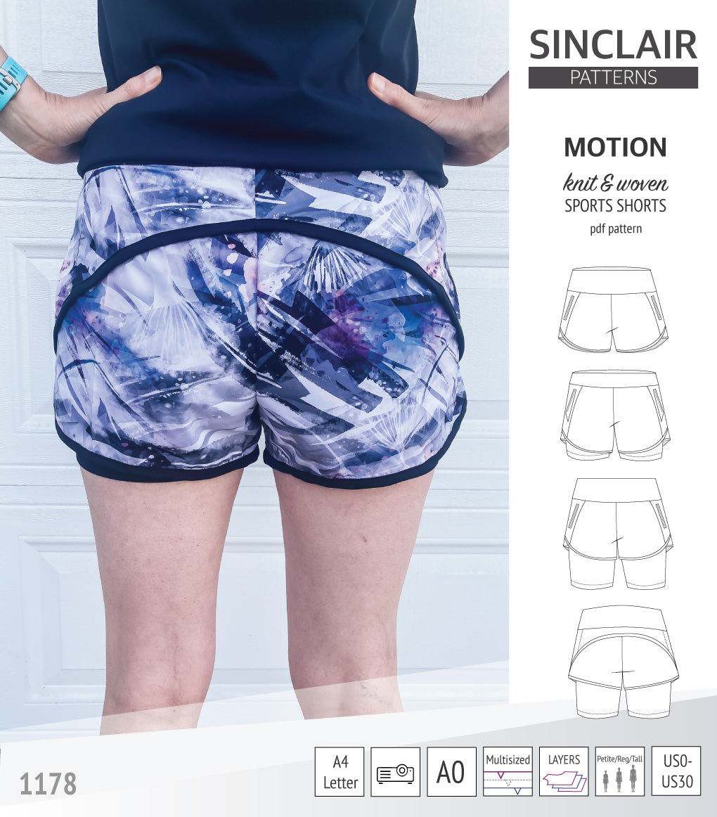 Motion woven sports shorts with contoured yoga waistband and underlay shorties (PDF)