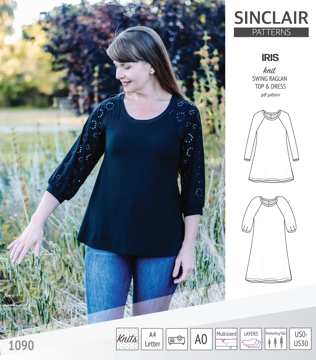 Iris raglan swing top, tunic and dress for knit fabrics (PDF)