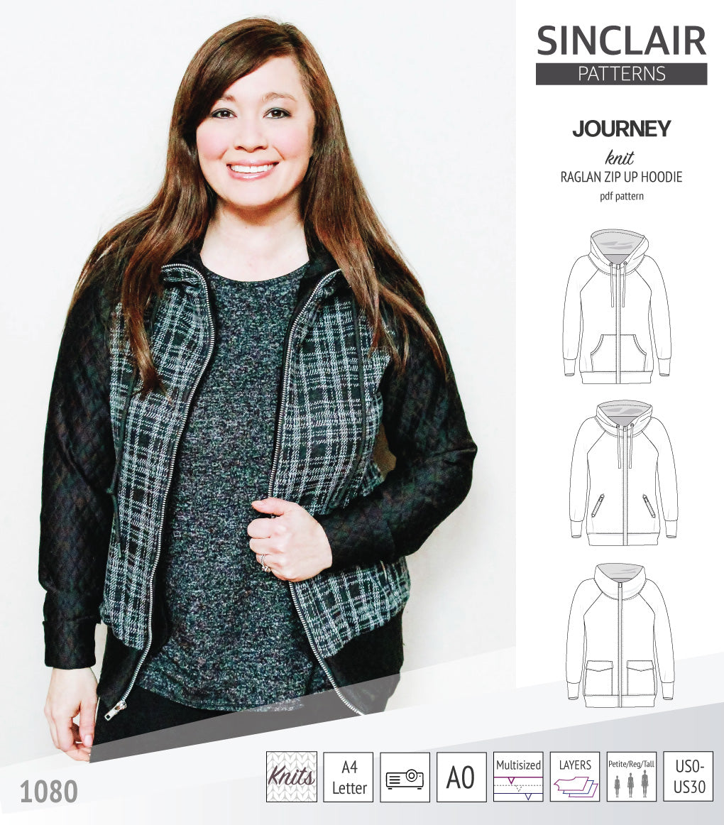 Journey zip up knit raglan hoodie with different pocket styles (PDF)