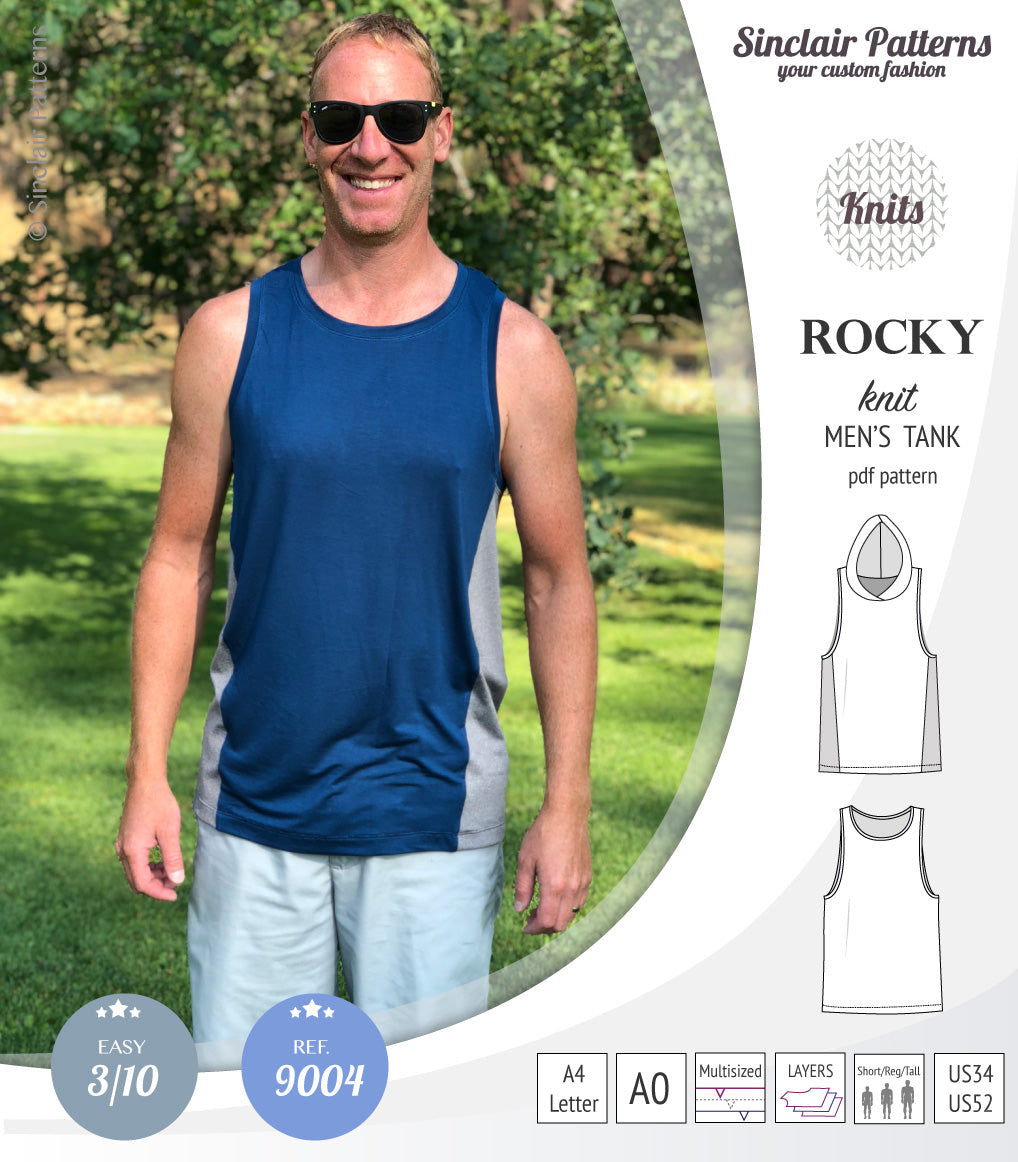 Rocky semi fitted knit tank with optional panels and a hood for men (PDF)