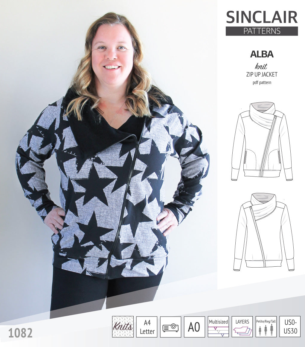 Alba zip up knit asymmetrical jacket with a cowl and side pockets (PDF)