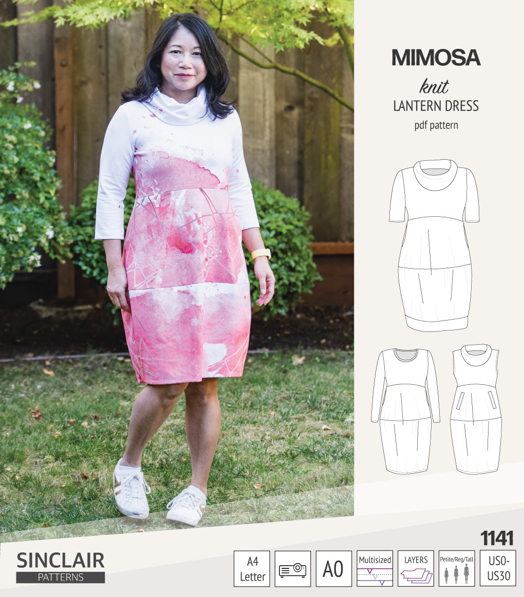 Mimosa lantern style knit dress with a cowl and pockets (PDF)