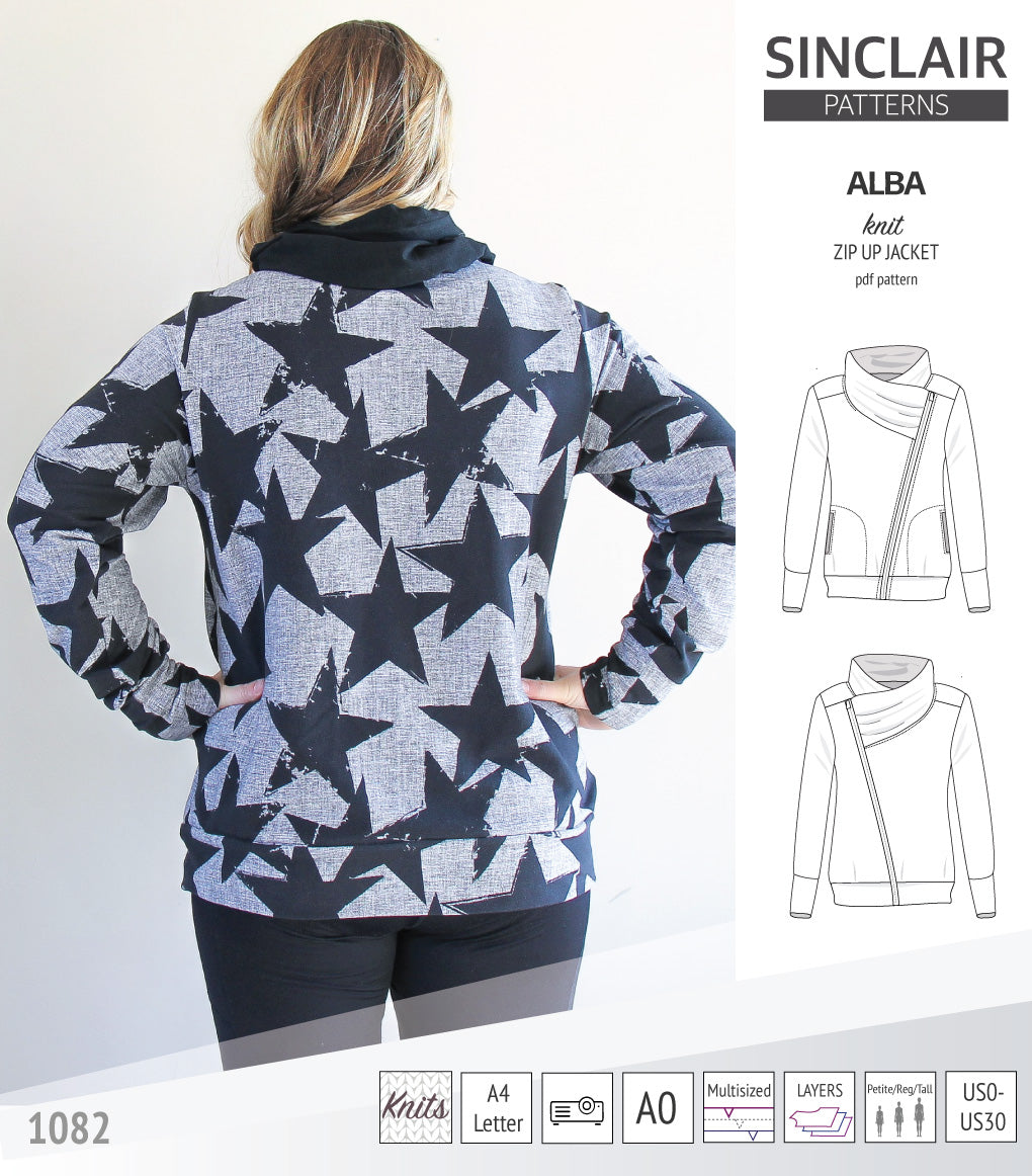 Alba zip up knit asymmetrical jacket with a cowl and side pockets (PDF)