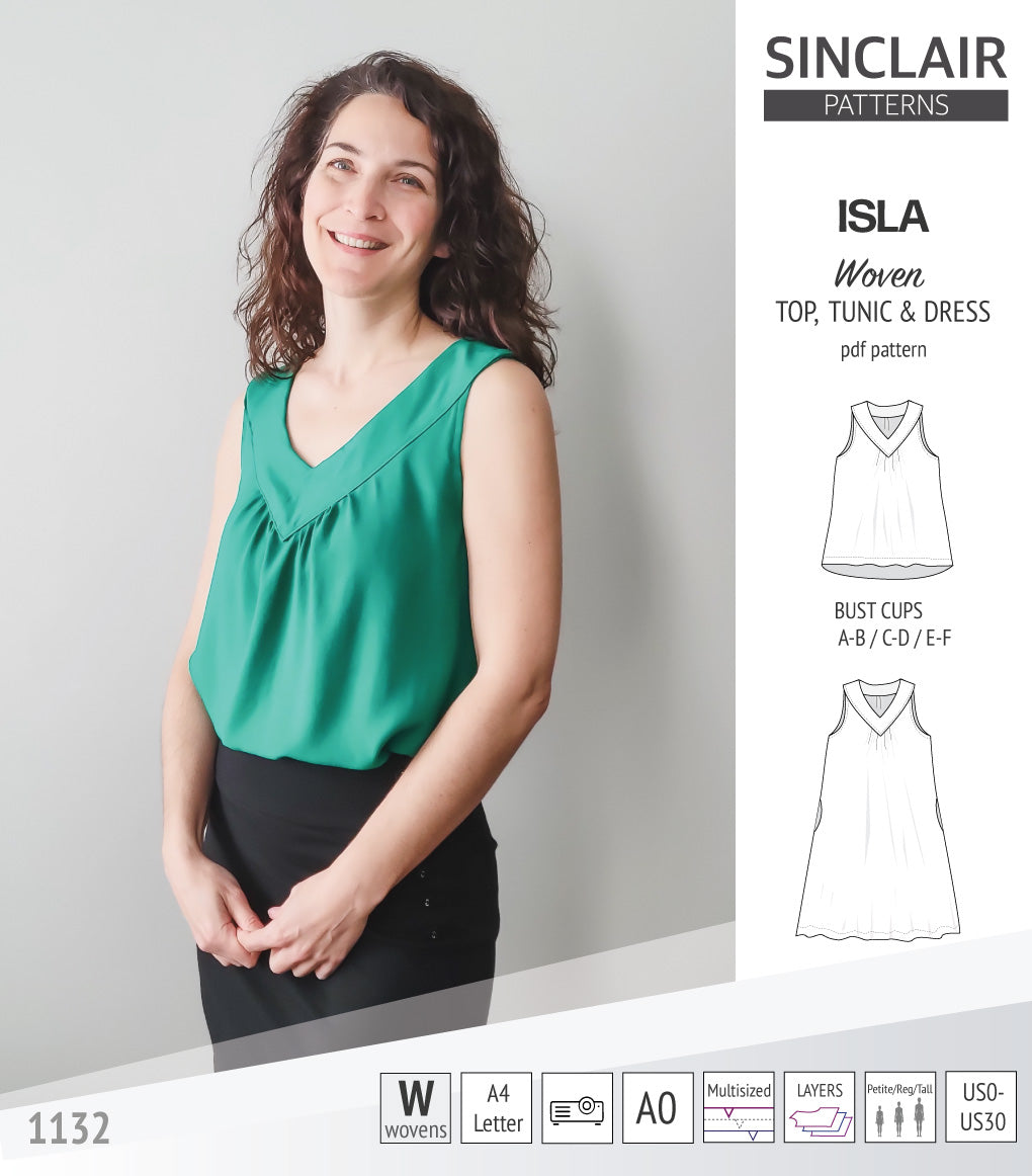 Isla V-neck sleeveless top, tunic and dress for woven and knit fabrics (PDF)