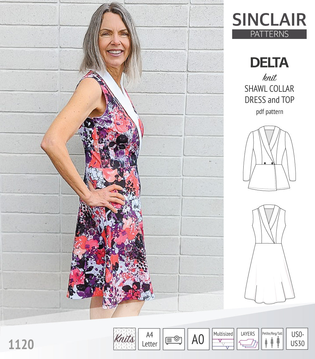 Delta knit shawl collar dress and top with princess seams (PDF)