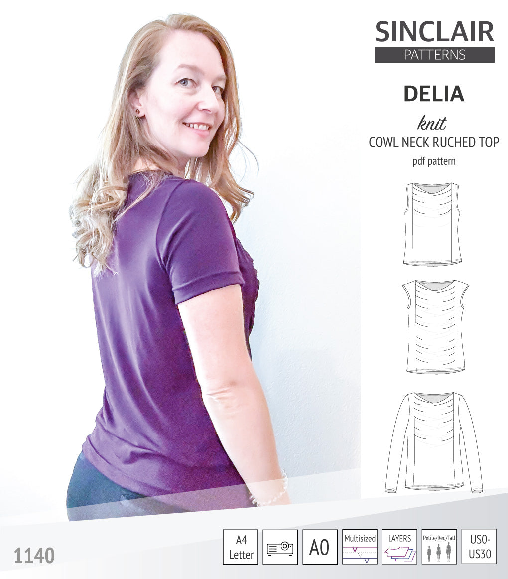 Delia cowl style neckline ruched front knit top (PDF)