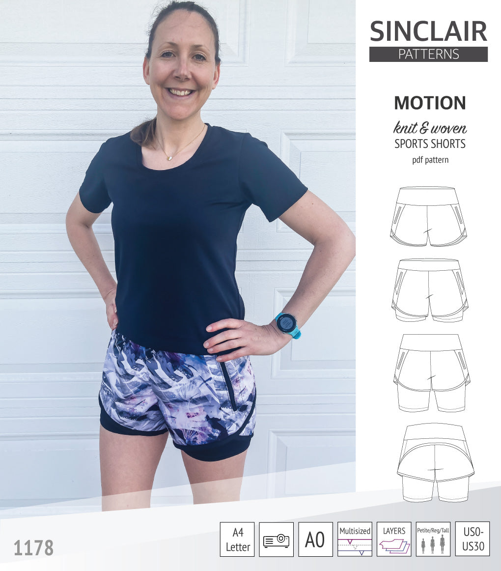 Motion woven sports shorts with contoured yoga waistband and underlay shorties (PDF)