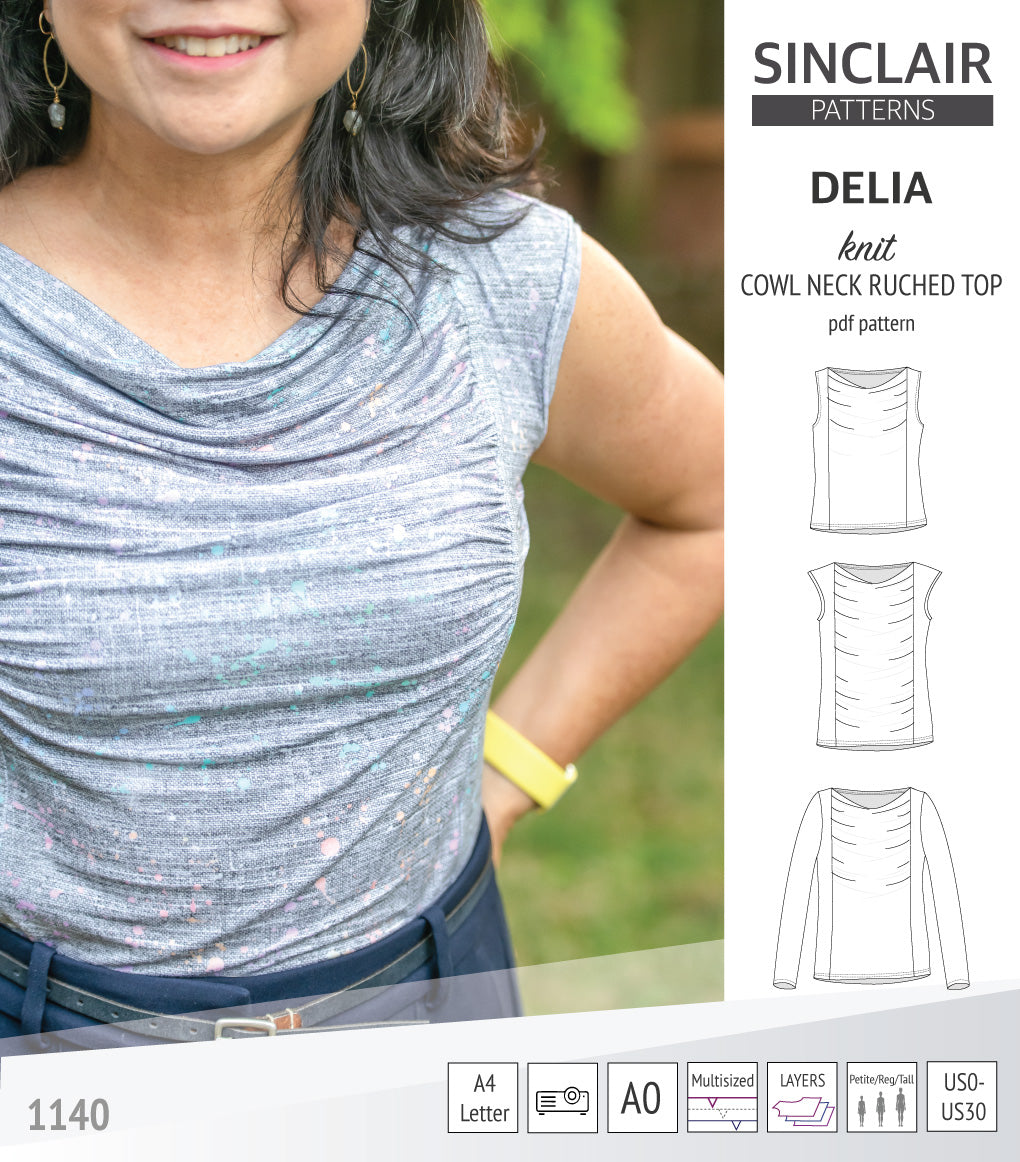 Delia cowl style neckline ruched front knit top (PDF)