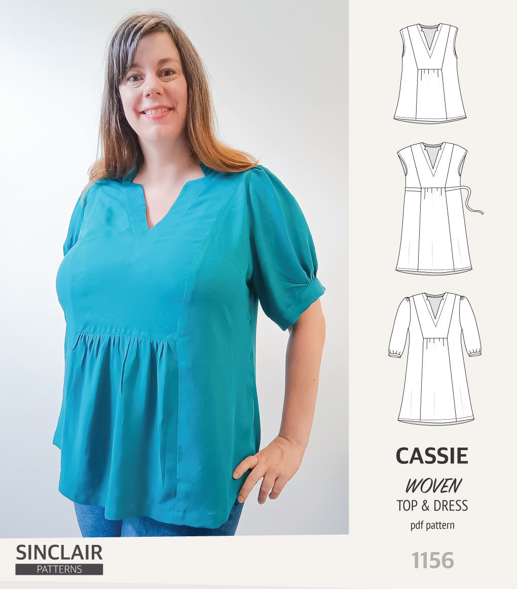 Cassie V neckline top and dress for woven fabrics (PDF)