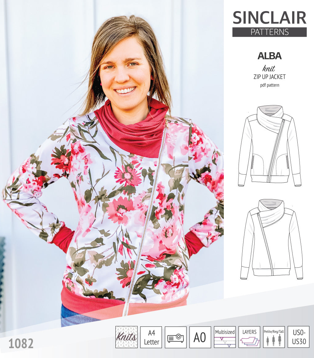 Alba zip up knit asymmetrical jacket with a cowl and side pockets (PDF)