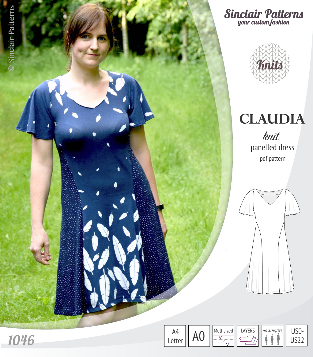Claudia godet style knit dress with flutter sleeves (PDF)