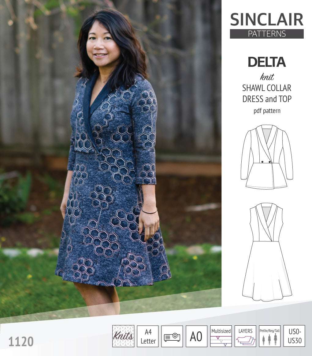 Delta knit shawl collar dress and top with princess seams (PDF)