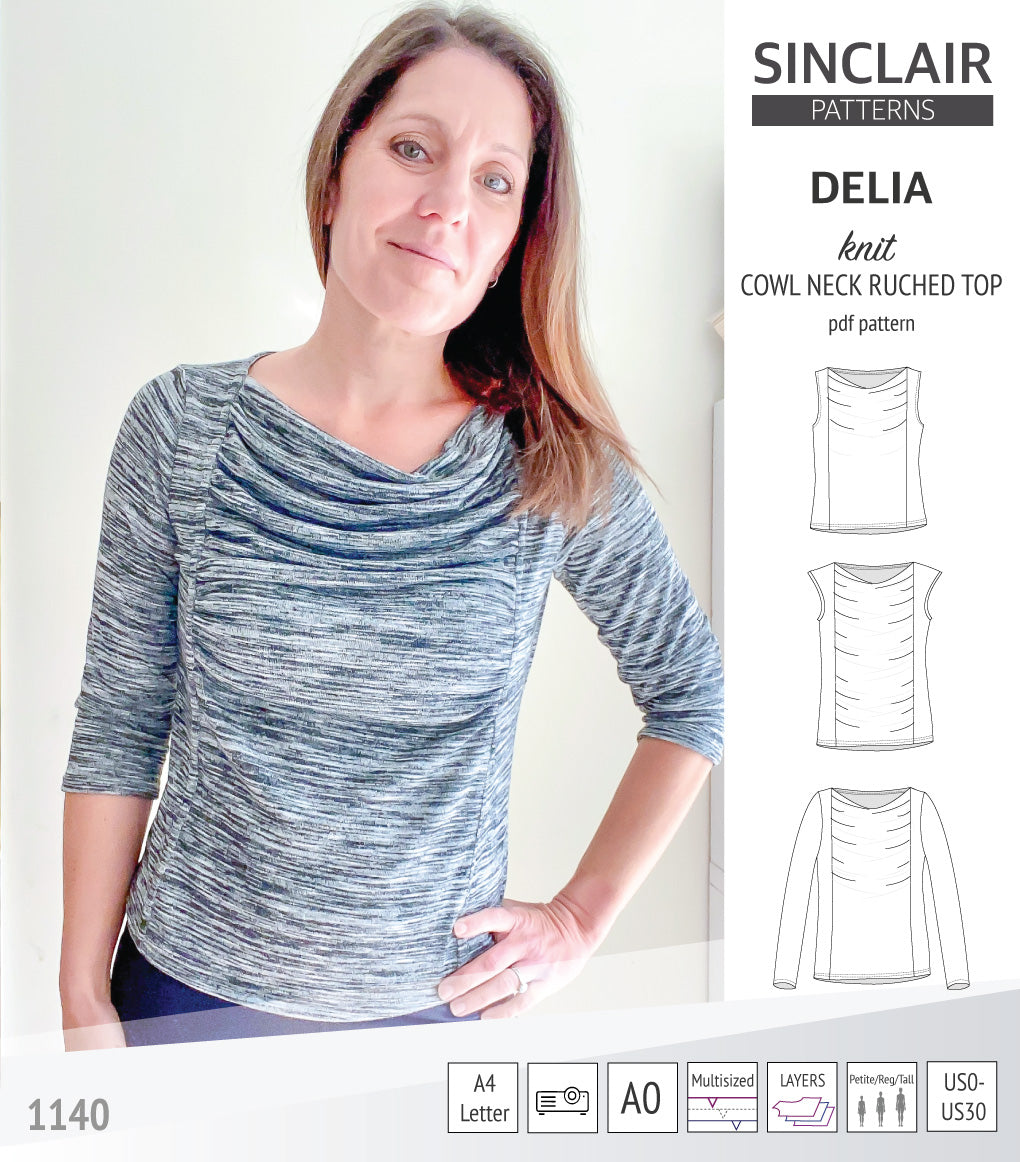 Delia cowl style neckline ruched front knit top (PDF)