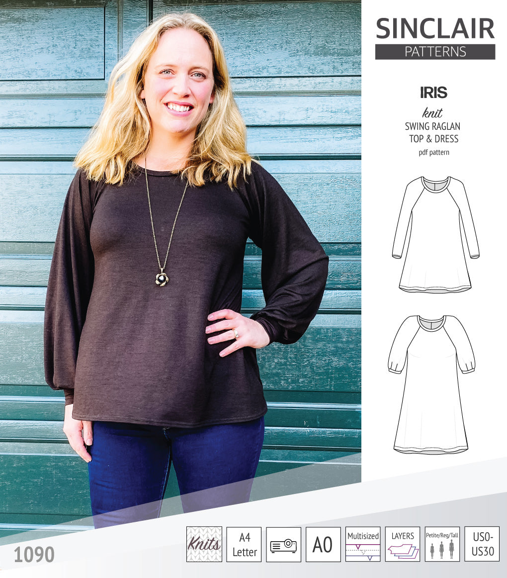 Iris raglan swing top, tunic and dress for knit fabrics (PDF)