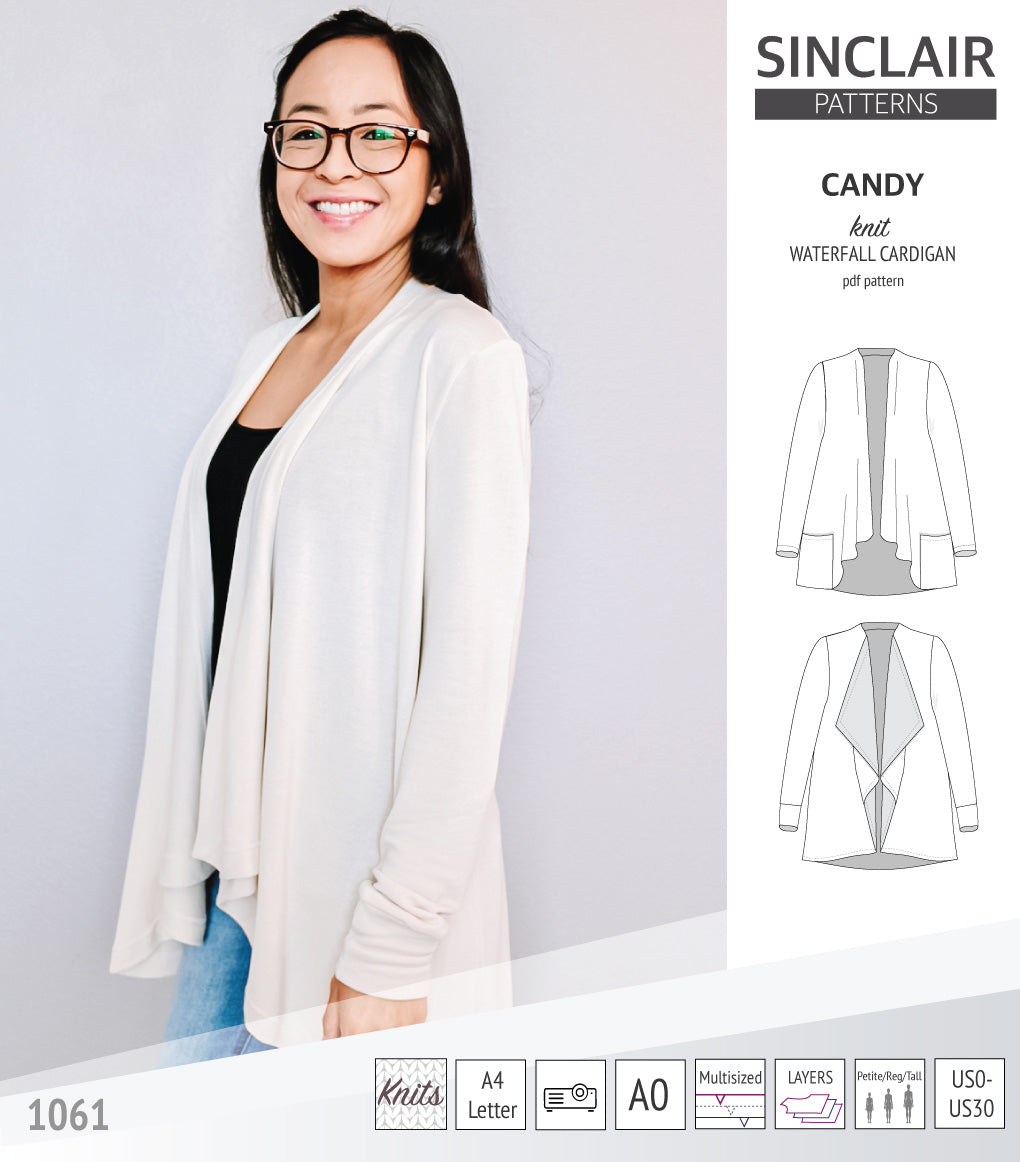 Candy relaxed fit knit cardigan with pockets and waterfall neckline (PDF)
