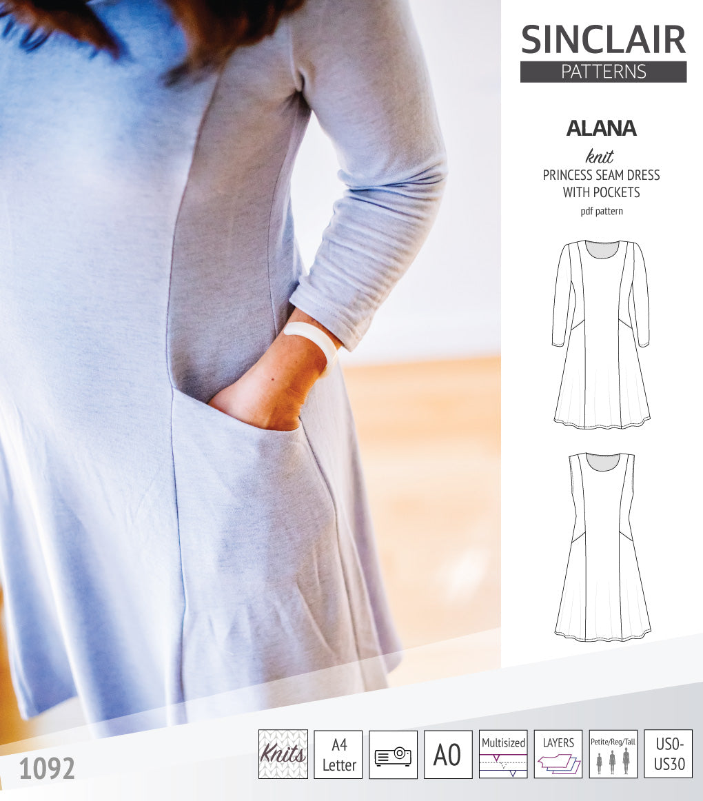 Alana princess seam knit dress with pockets (PDF)