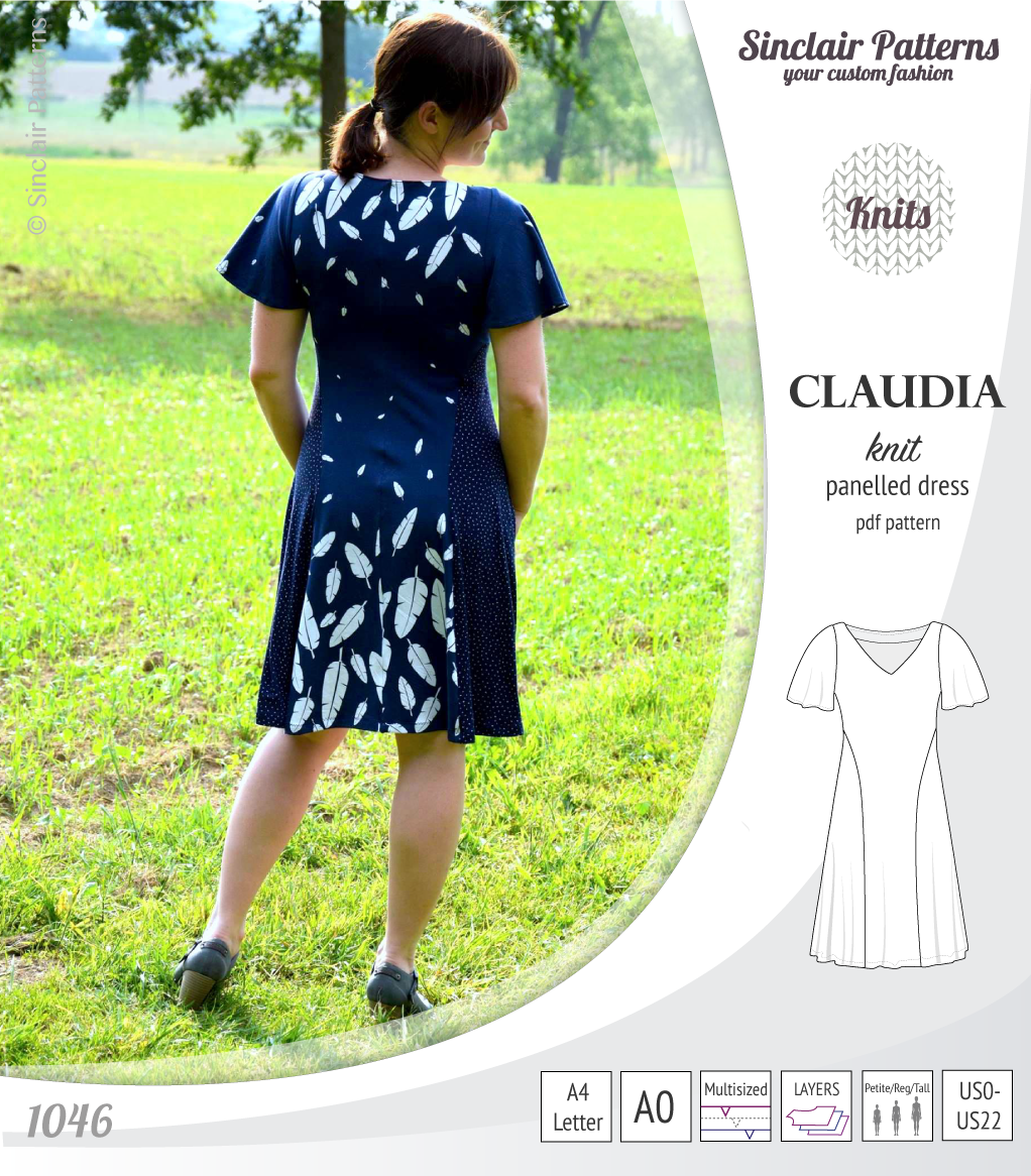 Claudia godet style knit dress with flutter sleeves (PDF)
