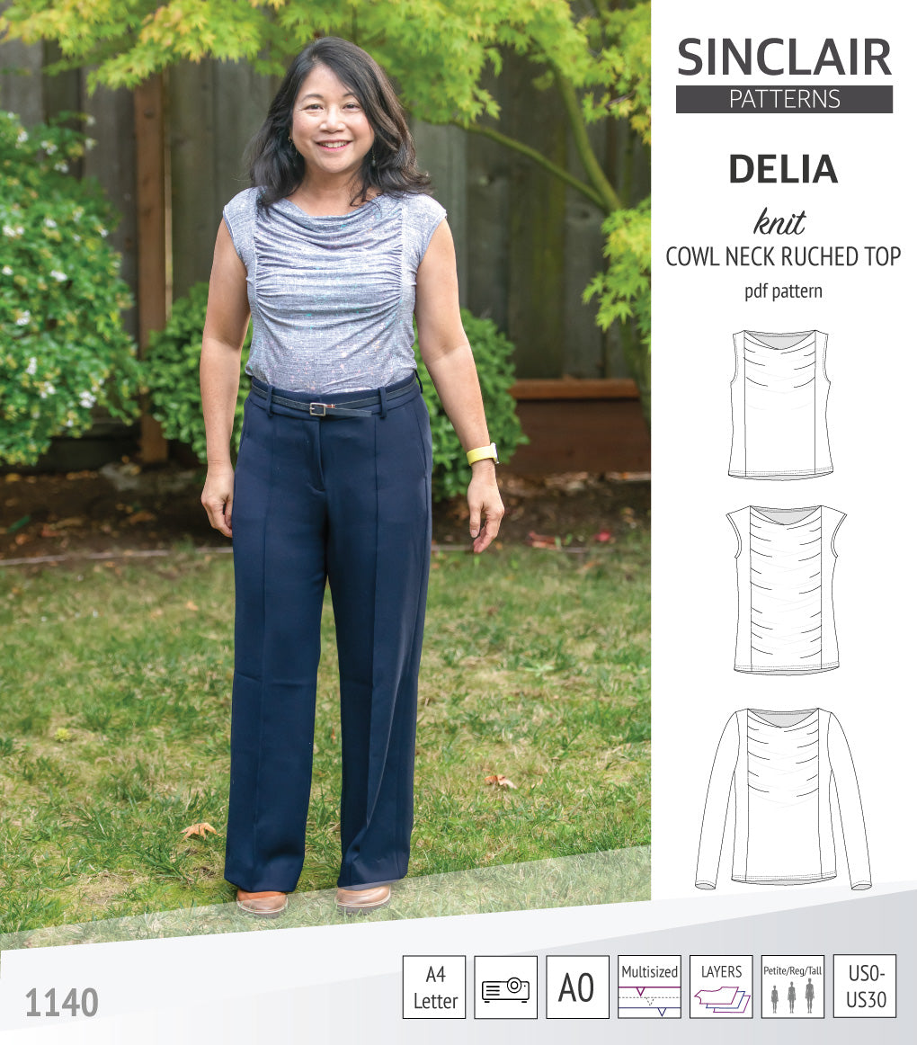 Delia cowl style neckline ruched front knit top (PDF)