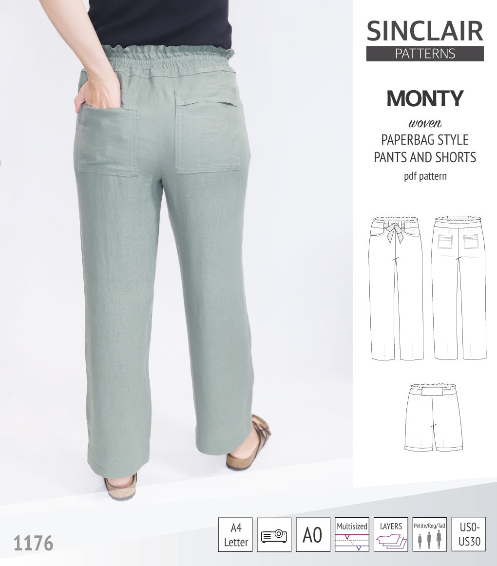 Monty paperbag style woven pants and shorts with ties (PDF)