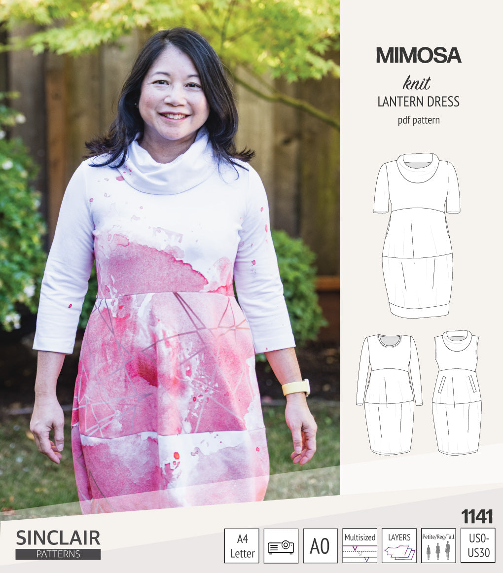 Mimosa lantern style knit dress with a cowl and pockets (PDF)