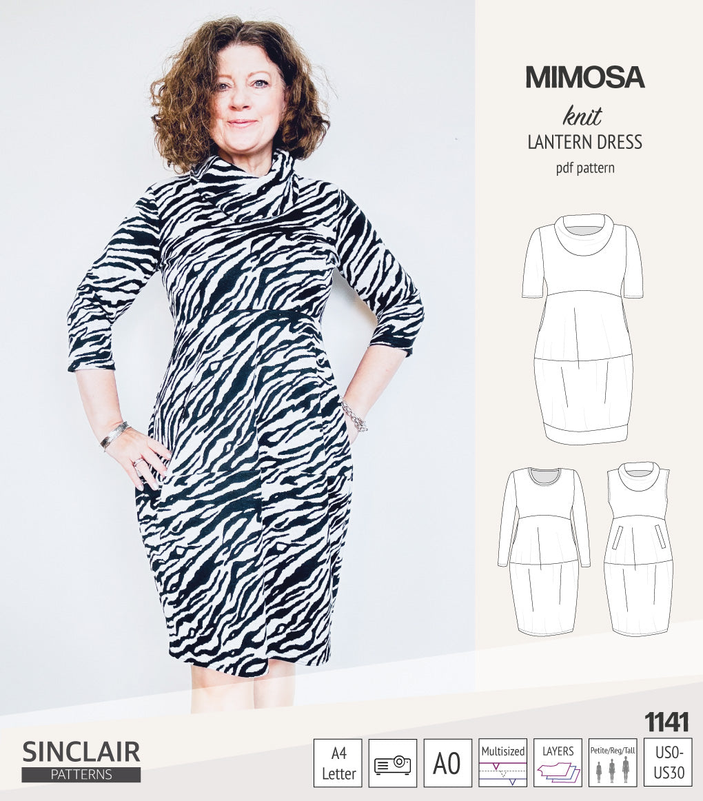 Mimosa lantern style knit dress with a cowl and pockets (PDF)
