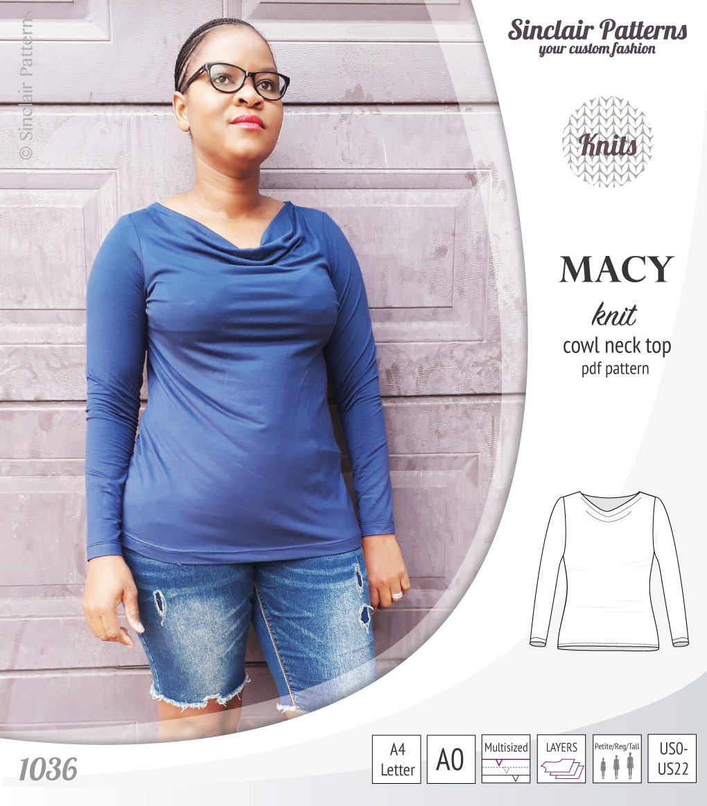 Macy knit semi fitted cowl neck top (PDF)