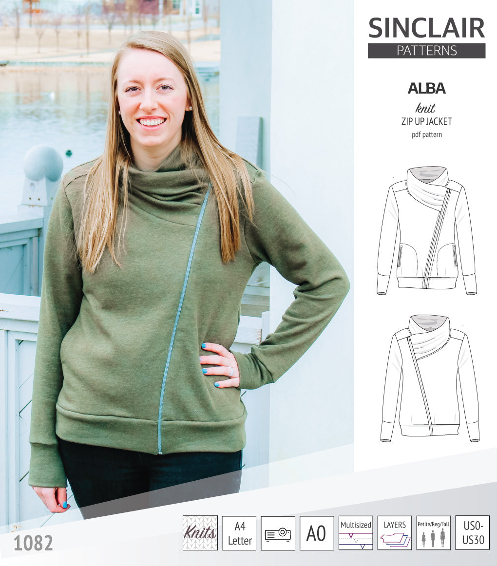Alba zip up knit asymmetrical jacket with a cowl and side pockets (PDF)