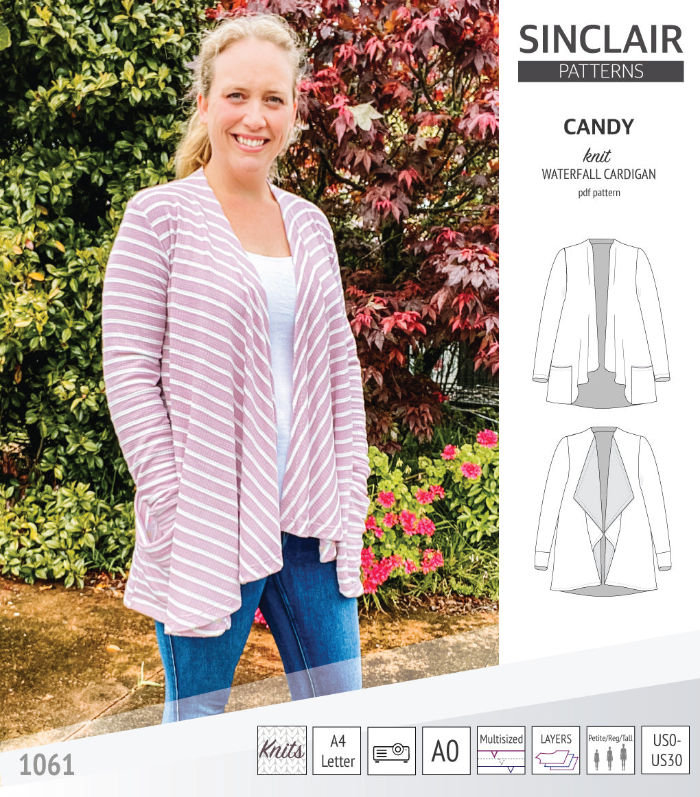 Candy relaxed fit knit cardigan with pockets and waterfall neckline (PDF)