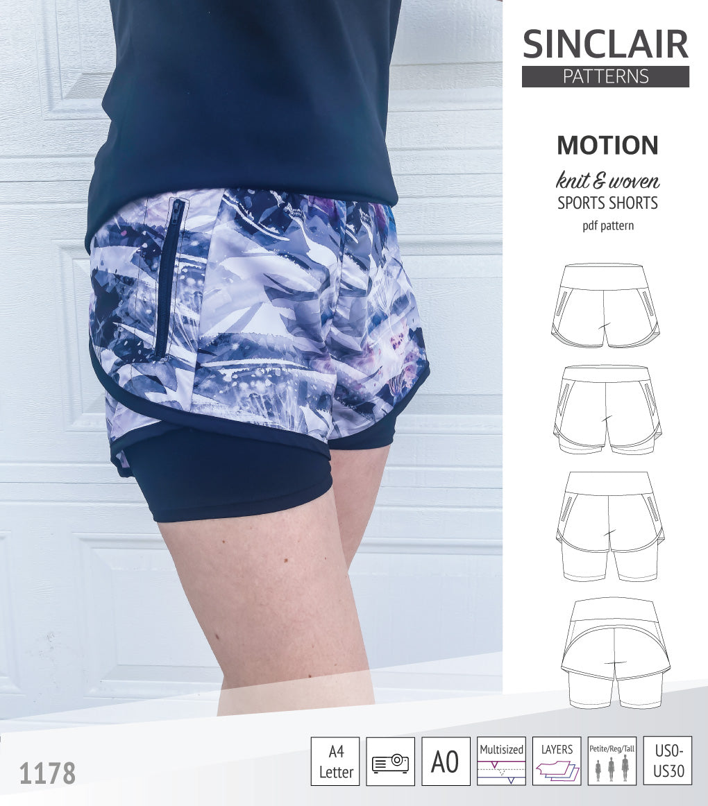 Motion woven sports shorts with contoured yoga waistband and underlay shorties (PDF)