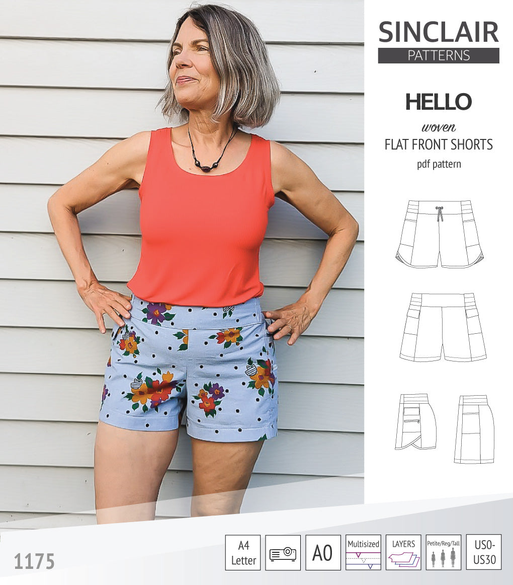 Hello flat front elastic back woven shorts with side panels (PDF)