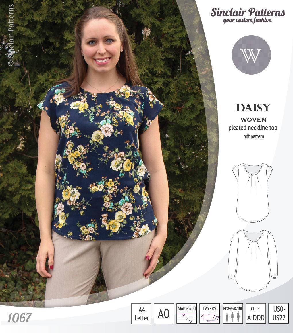 Daisy woven blouse with pleated neckline and petal/long sleeves (PDF)