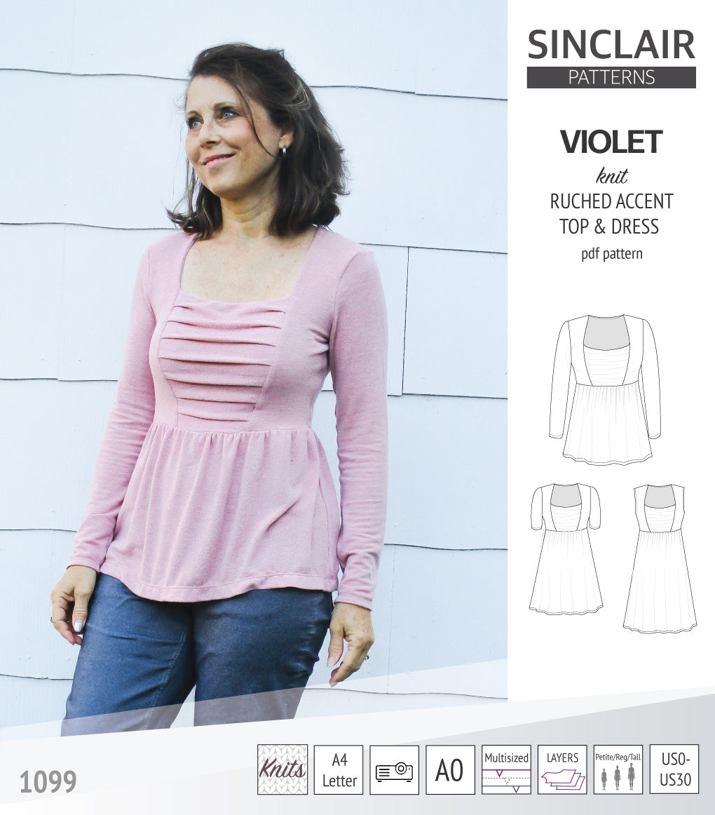 Violet ruched front accent top, tunic and dress for knit fabrics (PDF)
