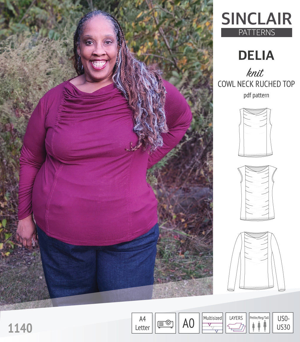Delia cowl style neckline ruched front knit top (PDF)
