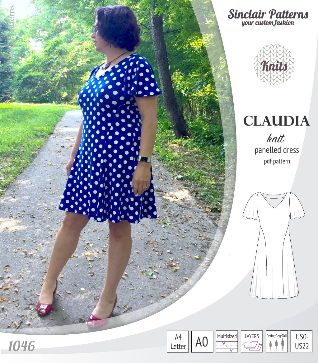 Claudia godet style knit dress with flutter sleeves (PDF)