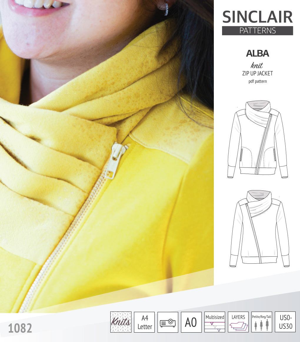 Alba zip up knit asymmetrical jacket with a cowl and side pockets (PDF)