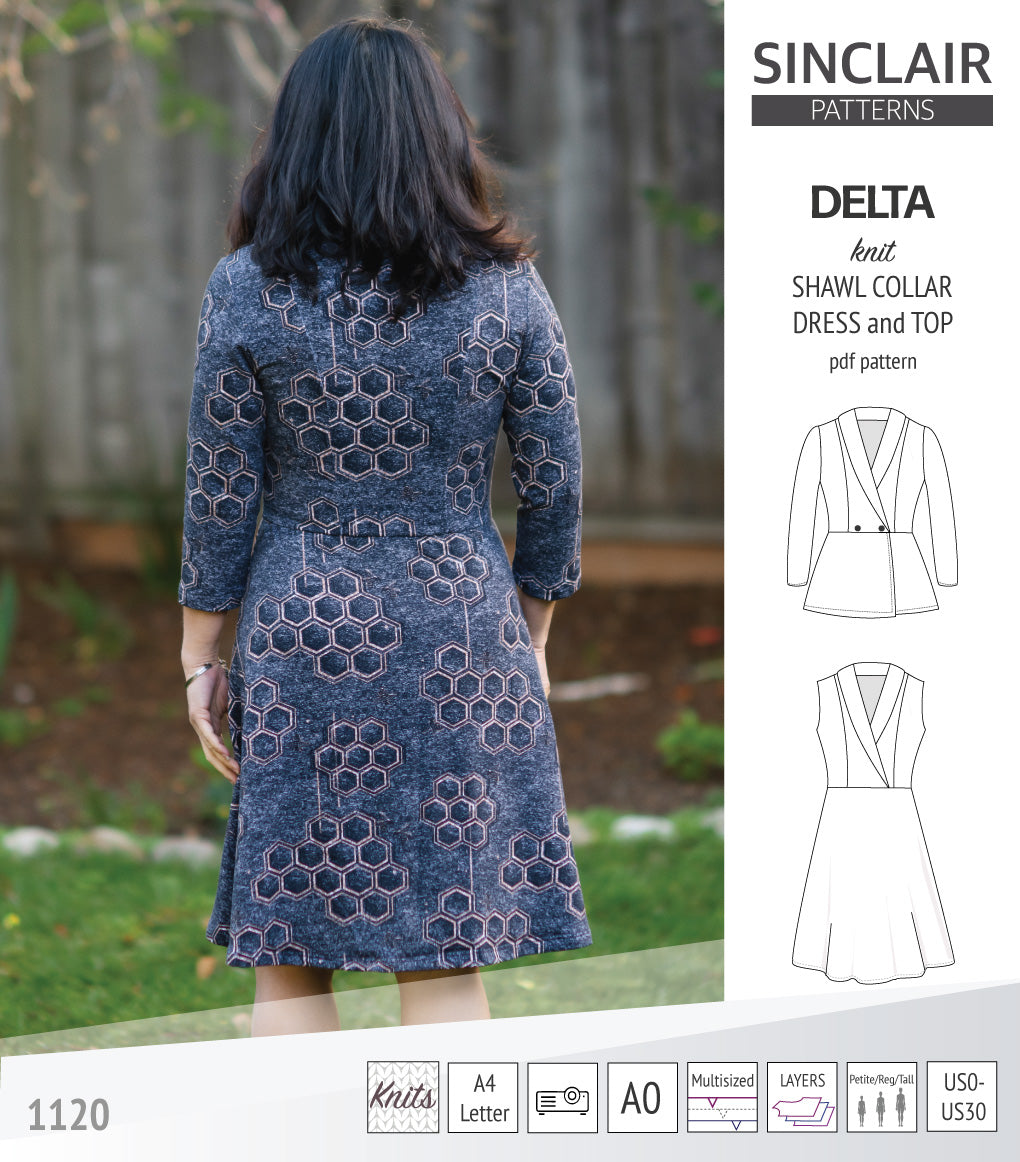 Delta knit shawl collar dress and top with princess seams (PDF)