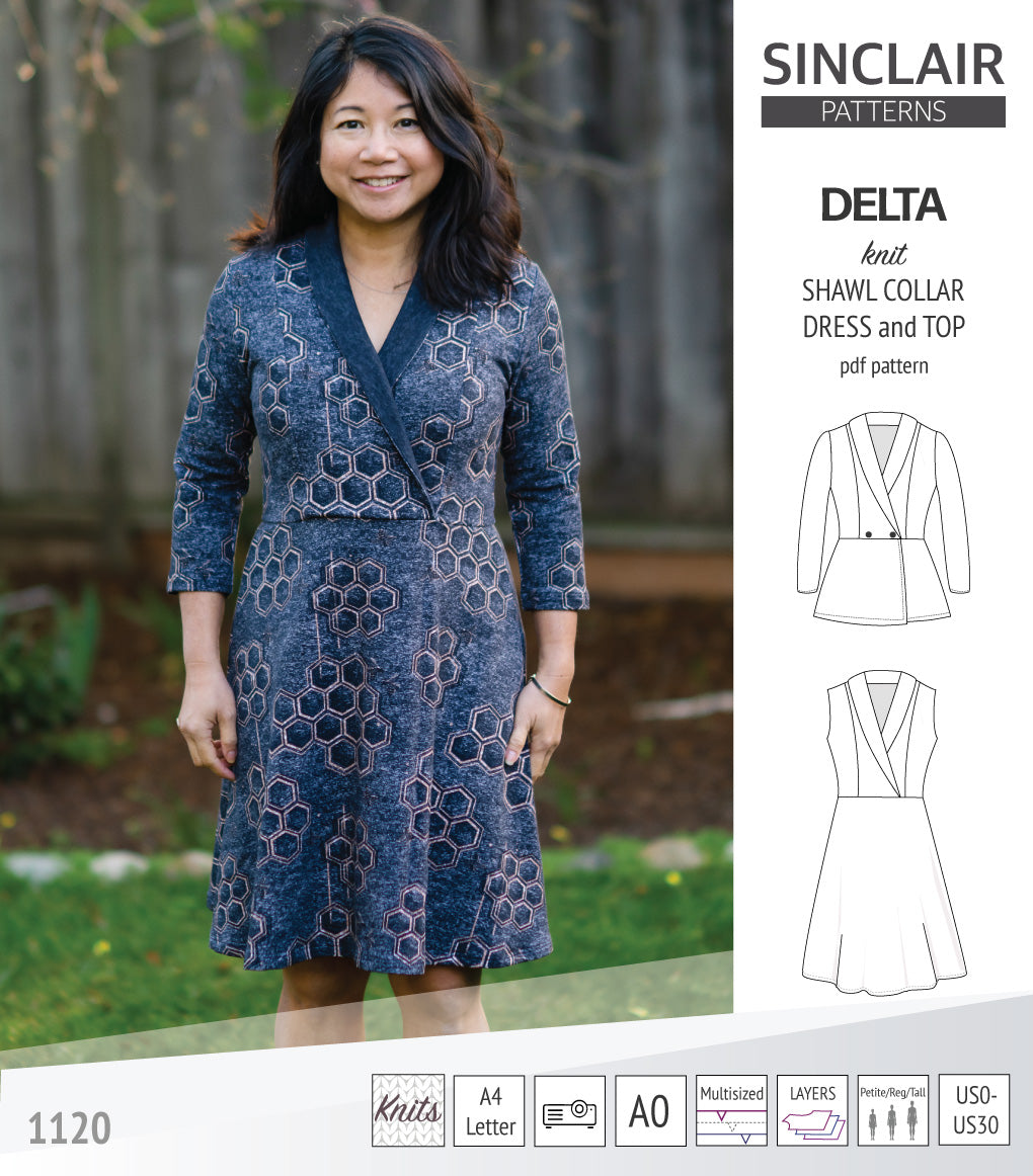 Delta knit shawl collar dress and top with princess seams (PDF)